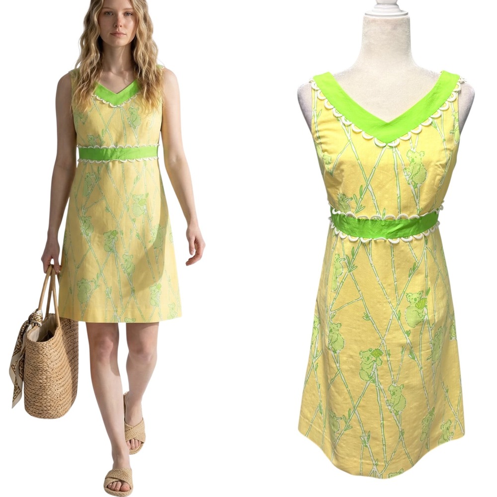 Vtg 90s Lilly Pulitzer Shift Dress Del Mar Womens 8 Yellow Koala Bamboo Print